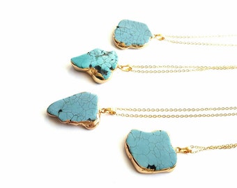 Gold dipped turquoise necklace// turquoise slice pendant//slice gemstone//turqoise nugget necklacebohemian necklace//boho turquoise necklace