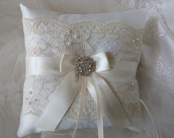Wedding Ring Bearer Pillow Ivory Lace And Ivory Satin Ringbearer Pillow