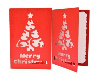 Merry Christmas Tree Card , Blank inside , Papercut . Star , Holiday , Seasons Greetings , Celebrate