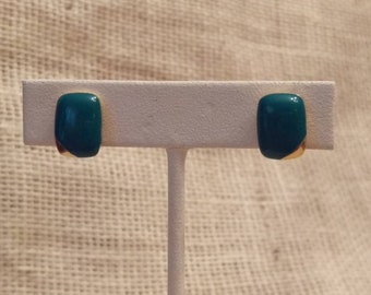 Vintage Clip On Earrings dark green -teal enamel and gold tone metal. Great for unpierced ears