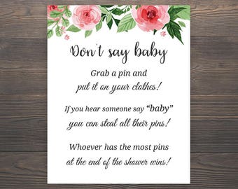 Don't Say Baby, Baby Shower Games, Printable Baby Shower, Floral Baby Shower Games, Grab a pin game, Clothespin game, Baby Shower, S017