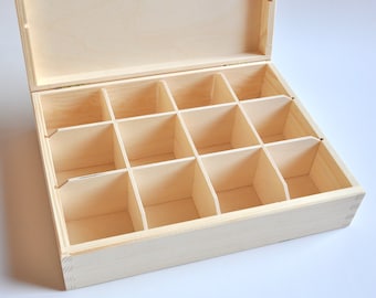 Tea Box with 12 compartments. Unfinished Wood Tea Box. Wooden Storage Box.