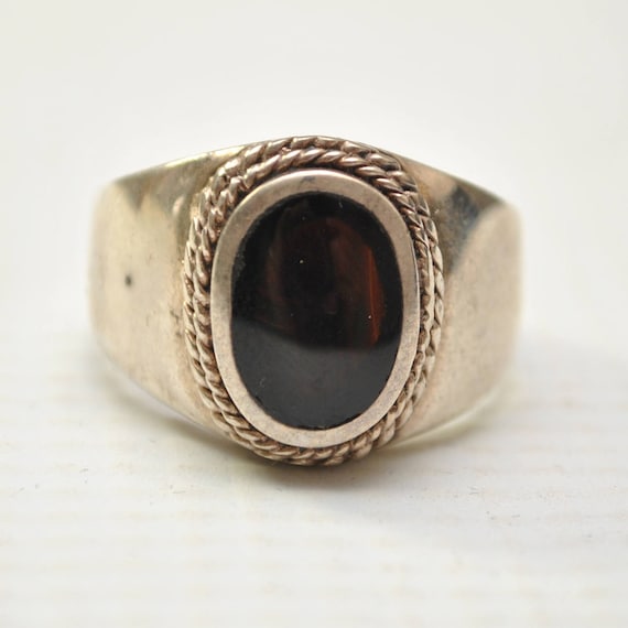 Onyx Small Oval with Braid in Plain Sterling Silver Ring Sz 10 #8149