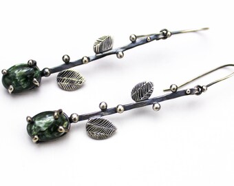 Silver Dangle Earrings, Teardrop Earrings, Gemstone Earrings, Green Stone Earrings, Serephinite, Sterling Silver Earrings, Nature Earrings