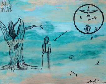 Retablo Folk Art - Proceeds Benefit Animal Rescue, Steampunk Clock, Wall Art, Anatomical Heart, Bird in Flight, Tree, Minimalist