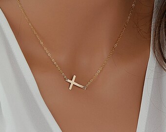 Sideways Cross Necklace, Gold Cross Necklace, Delicate Necklace, Simple Cross Necklace Silver, Rose Gold Cross