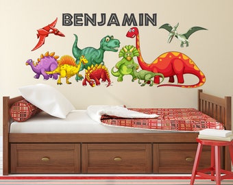 Dinosaurs Wall Decal - Kids Boys Bedroom Wall Art - Cute Dinosaurs - Personalized Name Wall Decal - Dinosaur Themed Vinyl Wall Sticker