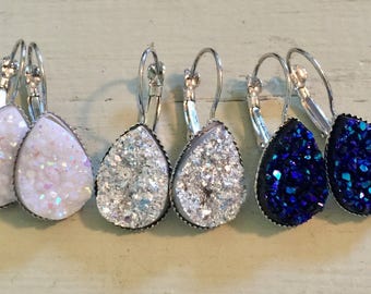 Teardrop druzy earrings-teardrop druzy leverback earrings-silver-white-midnight blue druzy earrings metallic druzy earrings