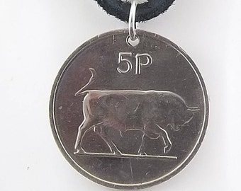 Irish Coin Necklace, 5 Pingin, Coin Pendant, Leather Cord, Mens Necklace, Womens Necklace, 1980