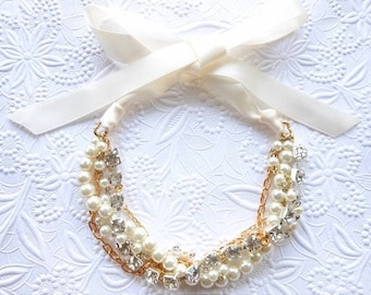 Rhinestone and Pearl Statement Necklace, Bridal Pearl Necklace, Chunky Pearl Necklace with Ribbon