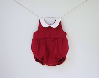 Red Baby Romper, Red Burgundy Linen Girl baby romper, Baby Playsuit Birthday outfit, Christmas Baby Outfit First Christmas Peter Pan Collar