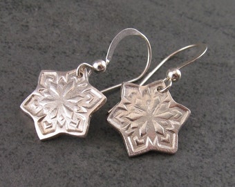 Fine silver snowflake earrings, handmade OOAK eco friendly silver jewelry