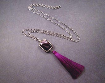 Gemstone and Tassel Necklace, Agate Slice Pendant, Crystal Pave Beaded Necklace, Silver Chain Necklace, FREE Shipping U.S.
