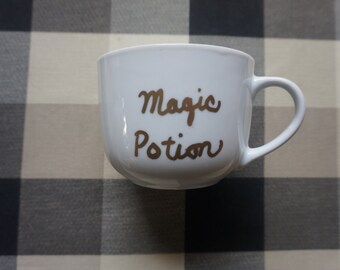 Handmade Magic Potion Gold Mug,cute,oil sharpies,coffee mug,sharpie mugs,diy,design,gold,16oz,large,big,magic,potion,writing,handwriting