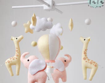 Personalized Elephant giraffe baby mobile, felt baby mobile, hot air balloon mobile, balloon mobile, felt elephant, elephant giraffe mobile