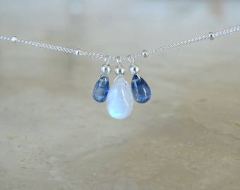 Rainbow Moonstone necklace Birthday Gift for BFF Gift for her Kyanite and Blue Flash Moonstone briolette gemstone necklace Bridesmaids gift