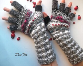 Women Size M Ready To Ship OOAK Half Fingers Wool Mohair Accessories Mittens Wrist Warmers Gloves Winter Hand Knitted Striped Arm Gray 92