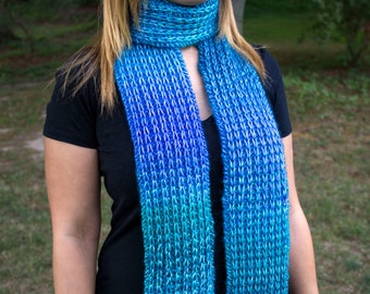 Blue Hand Knit Women's Scarf - Ocean Blue Vegan Scarf - Boho Scarf - Hipster Scarf - Acrylic Scarf - Blue Long Chunky Scarf - Rib Stitch