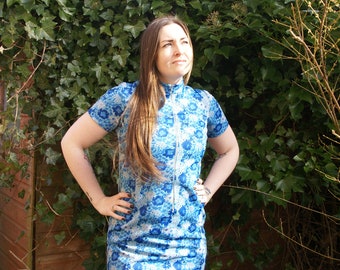 Vintage 60's Blue & White Floral Midi Dress Mandarin Collar Go Go Retro Crimplene
