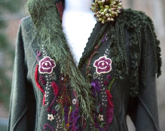 Long patchwork COAT, wearable art, boho Fantasy, floral coat, Woodland style, festival refashioned clothing. Size LX/XXL. Ready to ship
