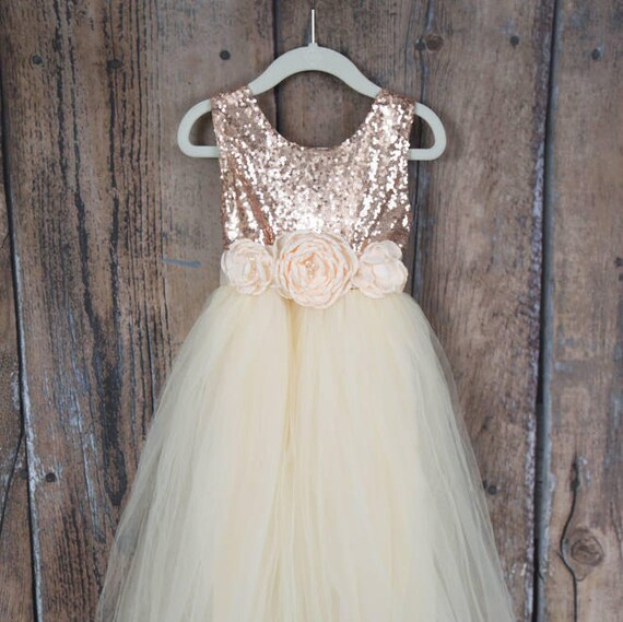 Cream Flower Girl Dress Rose Gold Sequin Top Floor Length