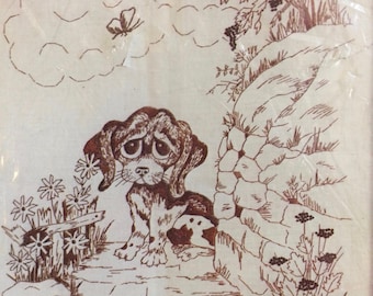 big eye dog embroidery kit string art 1970s craft kit Lost puppy thread needlecraft