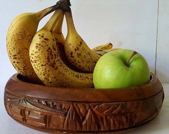 Carved fruit bowl wood rustic home decor wood bowl fruit plate boho decor