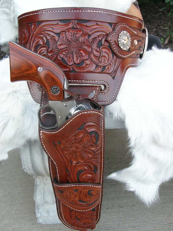 Custom Hand Tooled Leather Buscadero Gun Belt/ Leather Holster