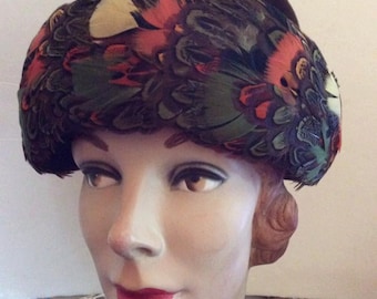 Vintage 1950s 1960s Hat Brown With Multi Color Feathers Label Is h.c. Prange Co.