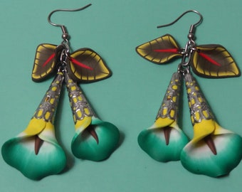 Polymer Clay Earrings Large Green Calla Lily with Leaves