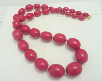 Large Vintage Red Bead Chunky 60s Necklace with Gold Accent