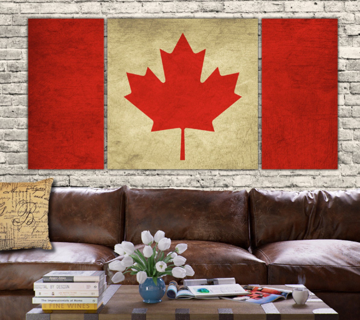 Canada Flag 3 panel set. Vintage art large Canvas Art