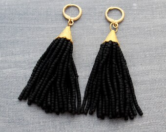 Bead Tassel Earrings, Black Tassel Earrings, Tassel Earrings, Tassle Earrings, Statement Earrings, Gold Post Earrings, Beaded Tassel (B-6)