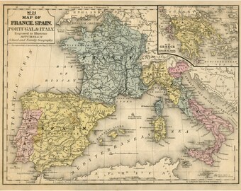 Spain Map, France Map, Map Spain, Portugal Map, Map France, Spain Portugal Map, France Spain Map, Italy Map, Map Italy, Map Art, Map Poster
