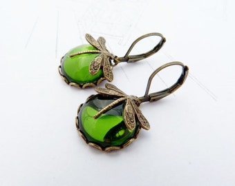 MossMoons glass cabochon brass dragonfly earrings victorian style made to order