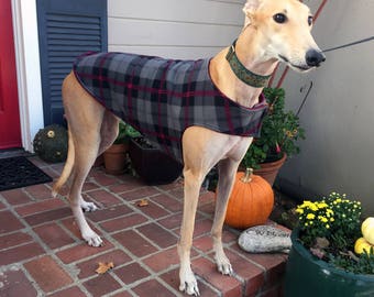 Greyhound Dog Coat, XL Dog Jacket, Cranberry, Black, Charcoal Gray, and Dove Gray Plaid Fleece with Cranberry Fleece Lining
