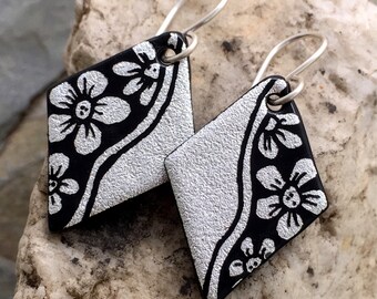 Silver & Black Flowers Hand Etched Dichroic Earrings Fused Glass and Sterling Silver Handmade Wires
