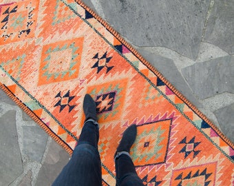 Vintage Kurdish 11'6" x 2'1" Geometric Hand Woven Wool Low Pile Rug / Runner 1930's - FREE DOMESTIC SHIPPING