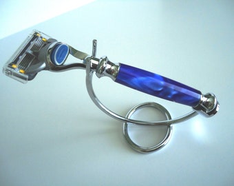 Men's Chrome Fusion Razor with custom hand-turned acrylic handle and chrome stand