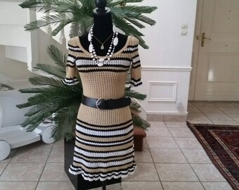 Crochet beige with black and white stripes dress