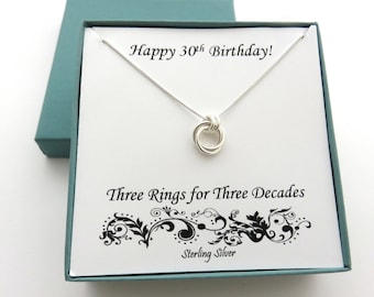 30th Birthday for Her, Sterling Silver Necklace, 30th Birthday, Three Rings Necklace, Best Friend 30th Birthday Gift, MarciaHDesigns, MHD