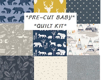 Baby Boy Quilt Kit, Modern Rustic Woodland Nursery Quilting Cotton, Pre-Cut Quilting Squares, Bears, Teepees, Antlers, Elk, Navy Blue, Gray