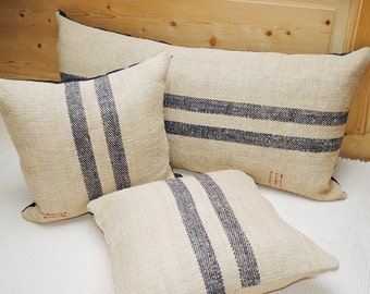 Authentic Grain Sack Pillow Cover / Antique linen / Navy Blue Stripes / Handwoven hemp fabric /Handmade Grainsack Pillow Sham - 2S