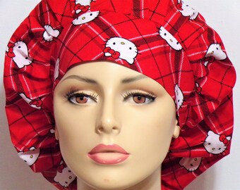 Medical Bouffant Scrub Hat - Hello Kittty Plaid Diamonds All Over with a Matching Headband Scrub Hat -Womens Scrub Hat- Hello Kitty