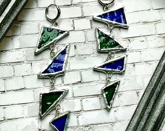 Green and Blue Earrings, Tricolor Earrings, Multicolor Earrings, Long Dangling Earrings, Sparkle Earrings, Fancy Earrings