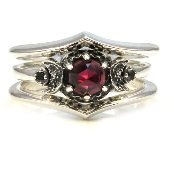 Red Garnet and Black Diamond Crescent Moon 3 Ring Engagement Set - Stacking Silver Rings