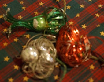 Vintage Christmas Decorations Set of 3 Red Green Silver Ornaments 1940's Unique Decorations