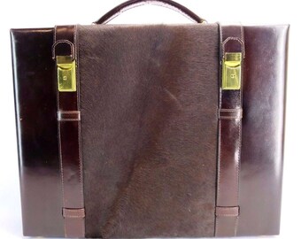 Vintage Hard Briefcase Brown Genuine Leather CUSTOM MADE w/ Fur Insert, Keys '90