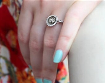 Monogram Ring, Sterling Silver Engraved Ring, CZ Ring, Stackable Ring