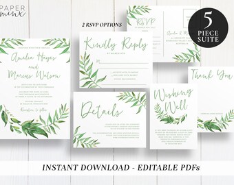 Editable Greenery Wedding Suite Template | Printable | Template | Wedding Invitations | Wreath | Greenery Invitation | Leaf | Amelia
